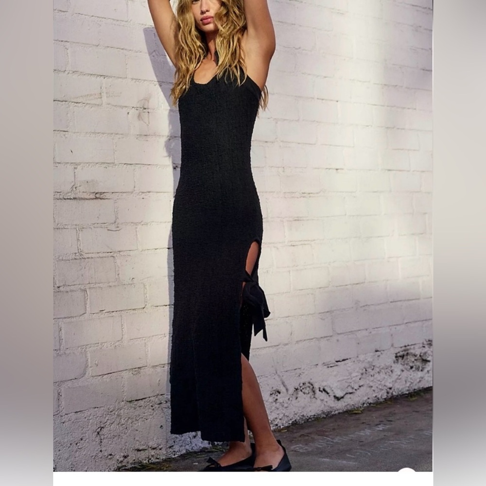 NWOT Free People Sea Foam textured midi dress bodycon tie neck and side slit - Picture 3 of 14